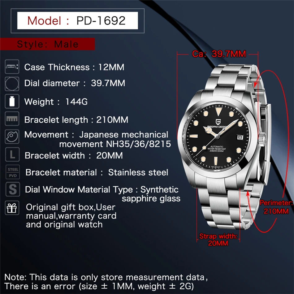 PAGANI DESIGN 2021 New Men's Automatic Mechanical Wristwatch Business Diving Men's Watch Luxury Sapphire 200M Waterproof Watches