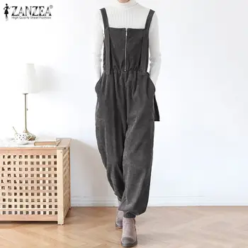 

Women's Corduroy Jumpsuits Spring ZANZEA Vintage Overalls Casual Suspender Rompers Female Zipper Harem Pants Plus Size Turnip