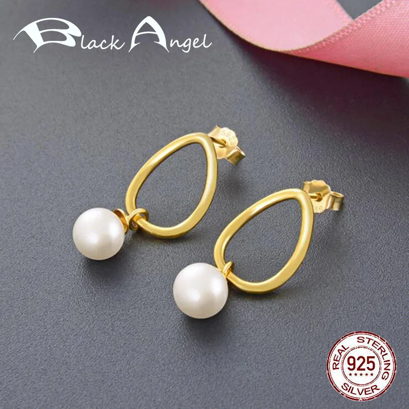 

925 Sterling Silver Freshwater Pearl Dangle Earrings Gold Color Geometric Korean Short Woman Fine Jewelry Drop Earrings