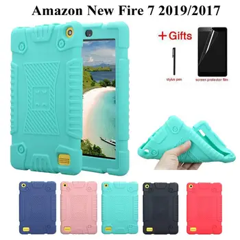 

New Soft Kids Safe Shockproof Silicone Case for Amazon Kindle Fire 7 2019 2017 Cover for Amazon New Fire7 7.0 inch case+film+pen