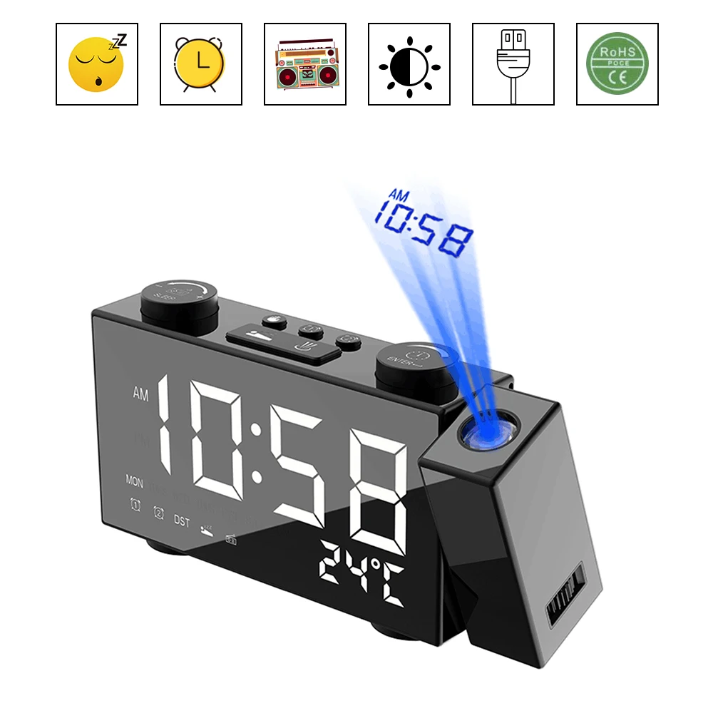 Проекционные часы, цифровой будильник с функцией повтора сигнала, термометр, 87,5-108 МГц, fm-радио, USB/аккумулятор, светодиодный настольный часы