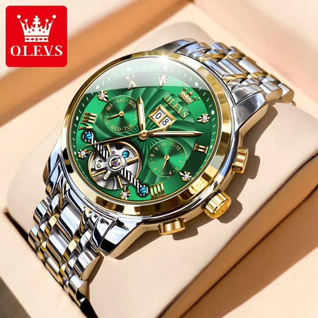 OLEVS التلقائي ساعات رجالية أفضل العلامة التجارية ساعة رجالية فاخرة الأخضر الميكانيكية ساعة اليد الرجال الرياضة مقاوم للماء الساعات reloj hombre|Mechnicl Wtches|  