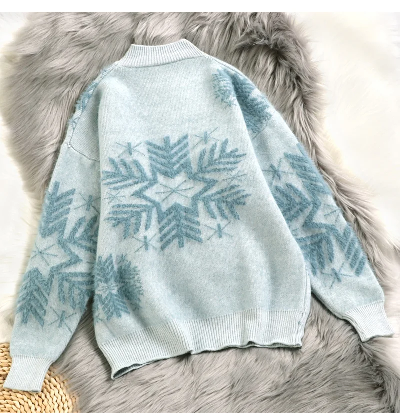 Hirsionsan Christmas Mohair Sweater Women Thicken Snowflake Pullover Winter Knitted Vintage Kawaii Soft Warm Casual Female Tops