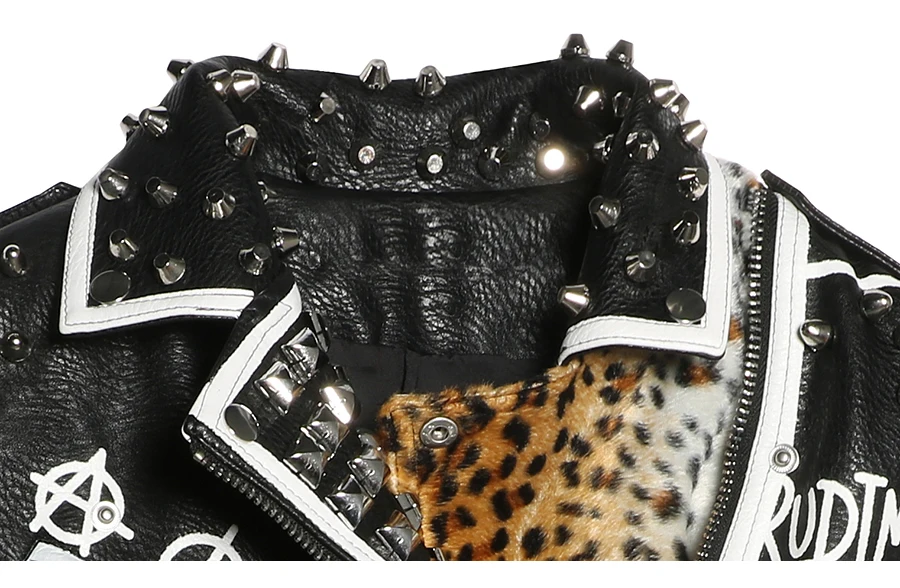 low cost Studded Punk Style Motorcyle Coats 2019 Spring Leopard Leather Jacket Women Turn-down Collar Short