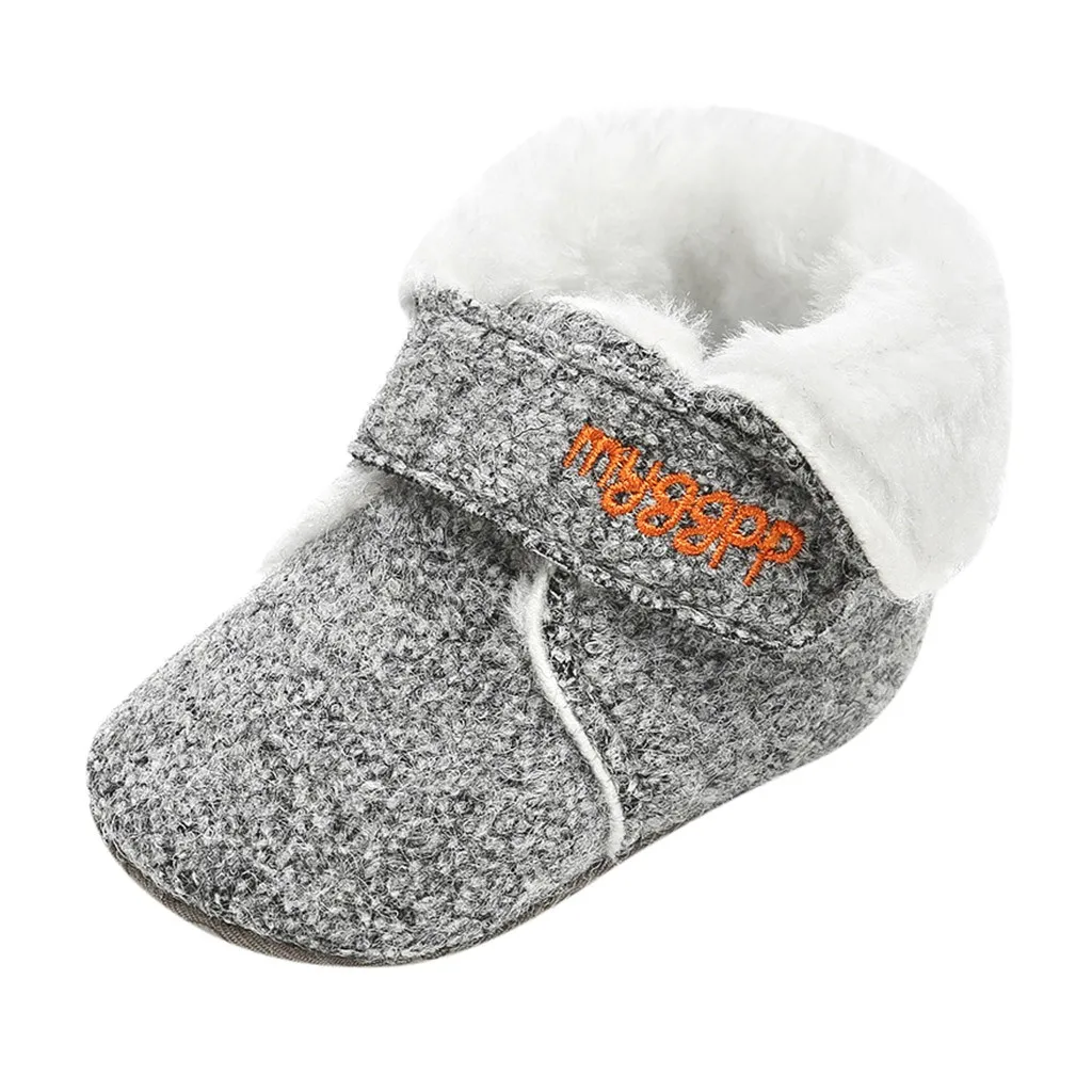 Модная зимняя обувь для маленьких девочек и мальчиков; теплые однотонные зимние ботинки; обувь для малышей; прочный мягкий хлопок; детская обувь с буквенным принтом - Цвет: Серый