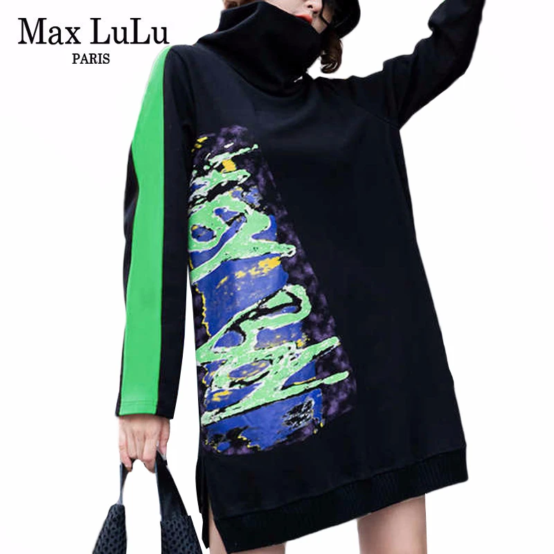 Max LuLu зимняя Европейская мода Дамская Панк уличная Женская водолазка Мини платья Повседневная элегантная одежда с принтом размера плюс