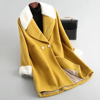 

Winter Women Clothes Wool Blend Midi Coat With Natural Mink Fur Collar Classic Double Breasted Oversize Warm Outerwear