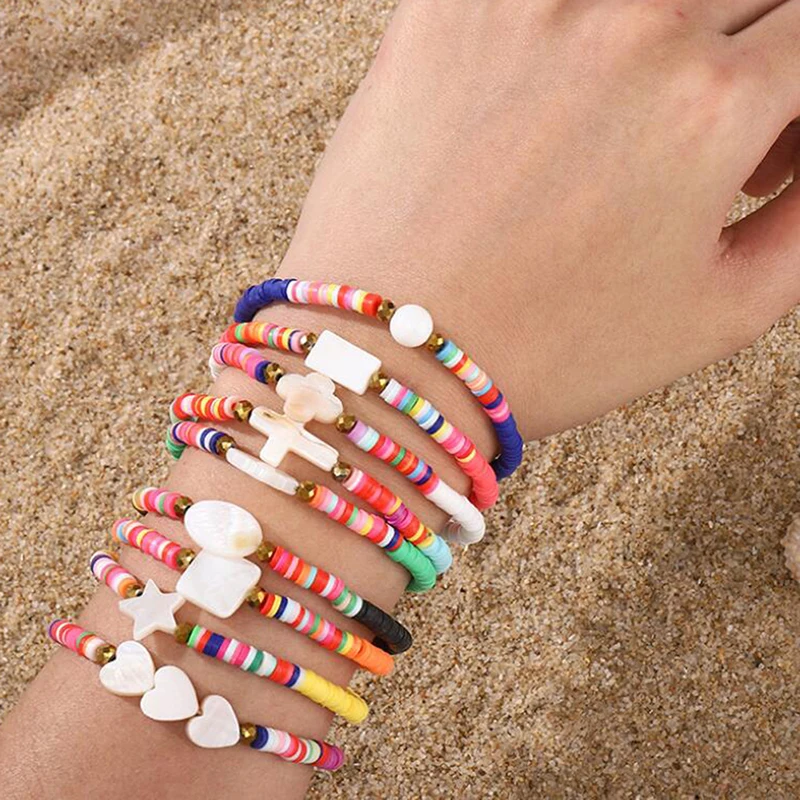 Clay Beads Heart Cross Gem Bracelet Colorful Beach Women Ethnic Jewelry