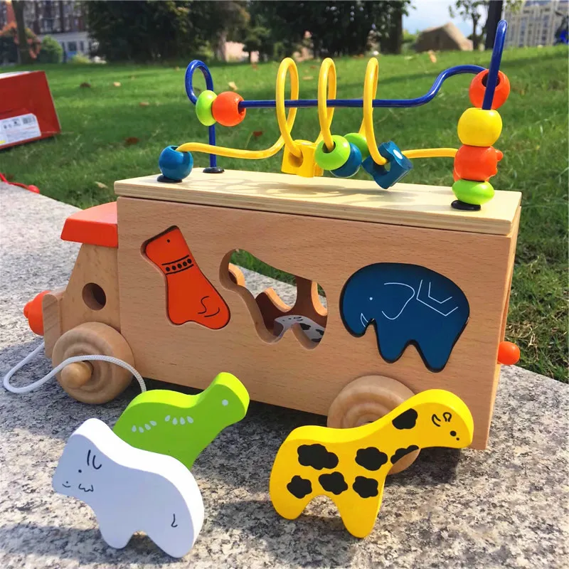 

Children Wood Animal Drag Bead-stringing Toy Bus che bao bao Tractor And Shape Matching Beaded Bracelet Learner Educational Toy