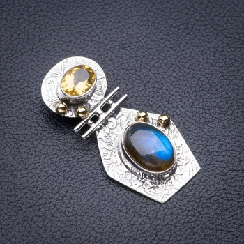 

StarGems Natural Two Tones Blue Fire Labradorite And Citrine Handmade 925 Sterling Silver Pendant 1.5" D5314
