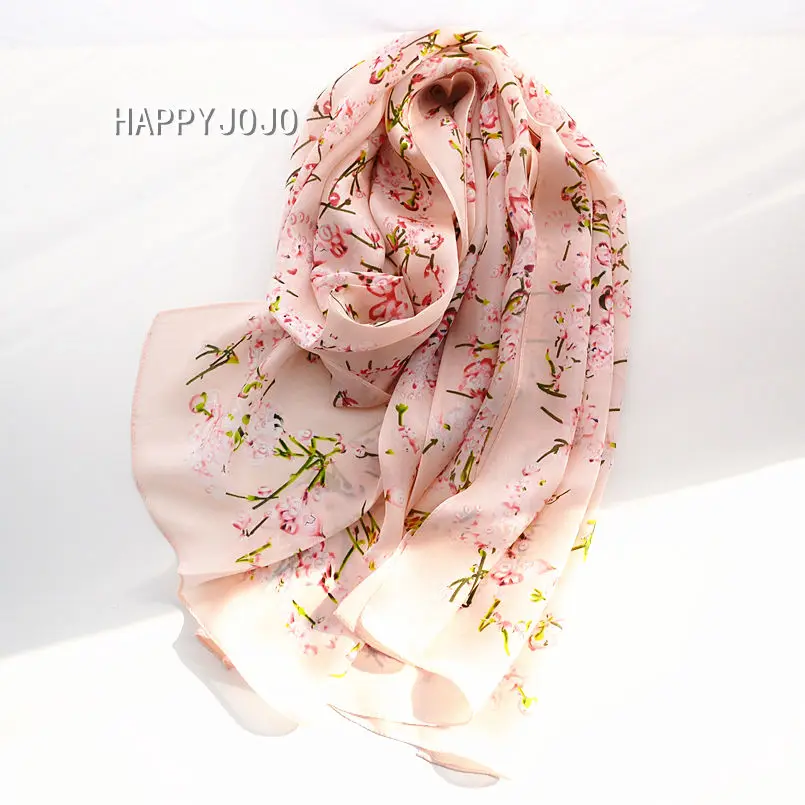 Серый розовый Сакура печать длинный шарф хиджаб солнцезащитный крем для женщин Мягкий тонкий натуральный шелк шарфы, палантин, шаль подарок на день рождения леди