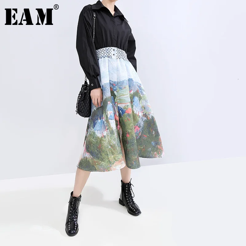 [EAM] женское платье-рубашка большого размера с рисунком и разрезом, новинка, с отворотами, с длинным рукавом, свободный крой, мода, весна-осень, 19A-a877