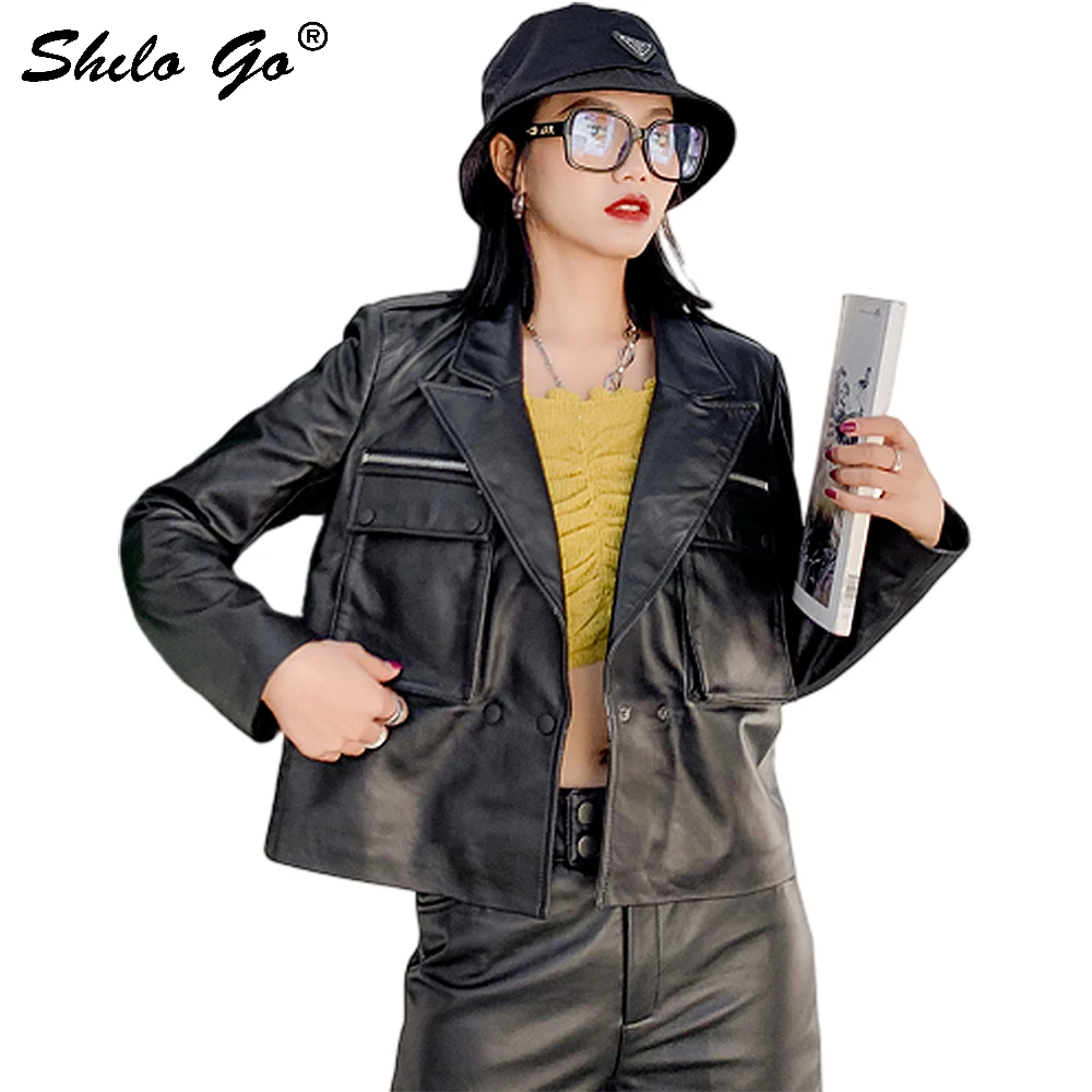 

Genuine Leather Jacket Office Lady Notched Neck Pocket Front Button Detail Sheepskin Blazer Women Autumn Winter Elegant Outwear