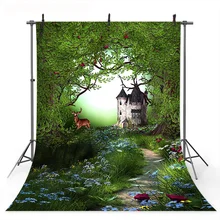 Фон для фотосъемки с изображением леса замка из мультфильма старые деревья трава олень весенние цветы фон для фотостудии фотосессия