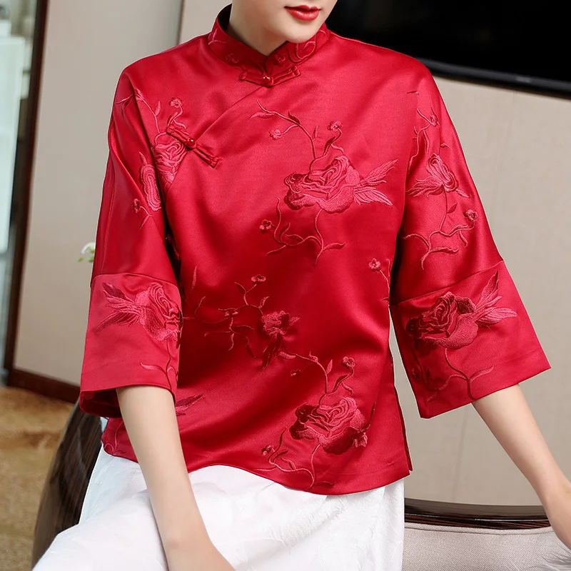 Весна Лето винтажный китайский стиль женская синяя вышивка Cheongsam Топ рубашка