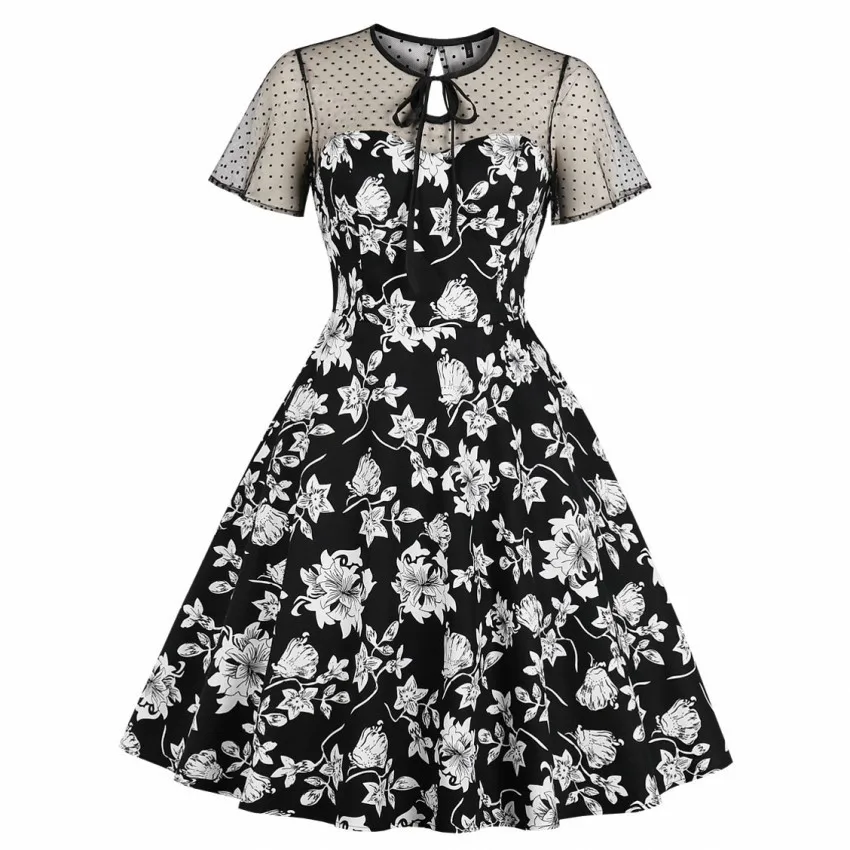 

2019 Summer Audrey Hepburn Vintage Party Dress Floral Print Women Rockabilly Short Sleeve Swing Pin Up Vestidos Casual Dresses