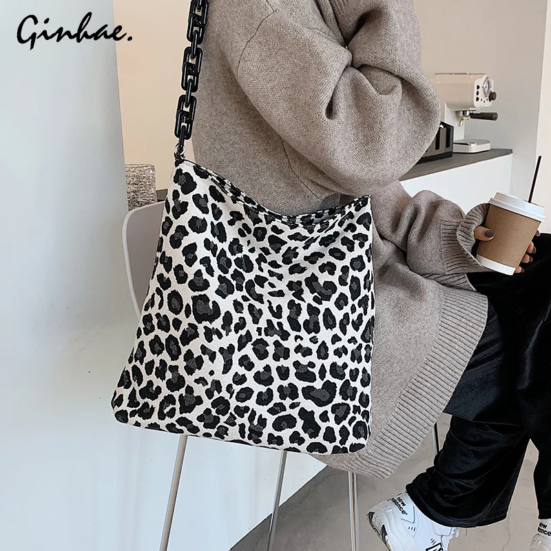 

Vintage Leopard Pattern Canvas Handbag Women Casual Large Capacity Tote Bag Acrylic Chains Shoulder Bags For Women Shopping Bag