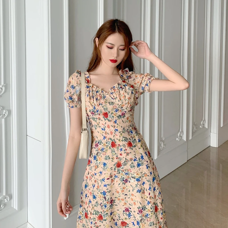 

Elegant Office Ladies Sexy Floral Printed Women Party Dresses 2020 Summer Fashion V-Neck Puff Sleeve Mujer Slim Dresses Vestidos