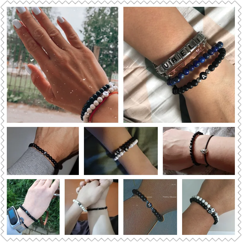 Black White Stone DIY id 26 Letters Bracelet Women Men couple Jewelry Name Friendship Lucky Bead Bracelet Kids Family Gift stone bead bracelet natural stone bracelet beaded bracelet