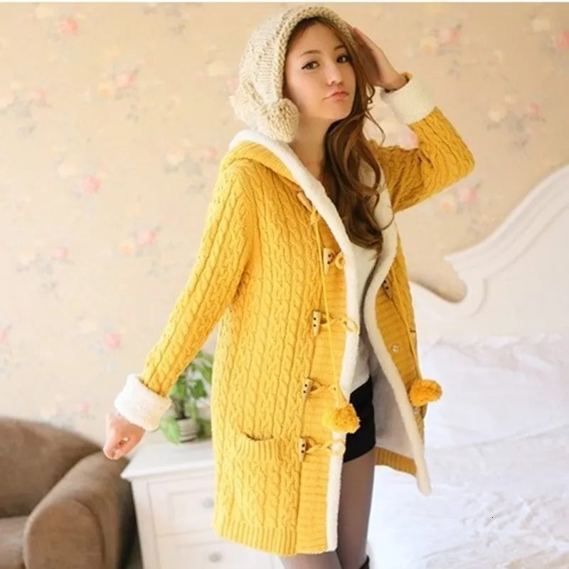 Winter Women Knitted Sweater Coat Single Breasted Long Sleeve Hooded Cardigan Warm Slim Jacket |