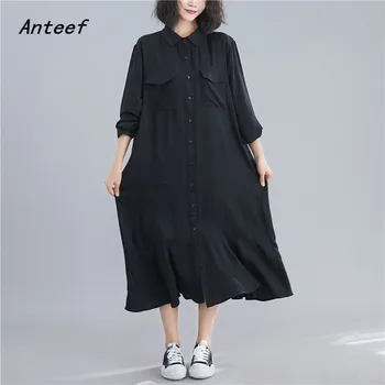 

long sleeve plus size black cotton linen vintage women casual loose autumn elegant shirt dress clothes 2020 ladies dresses