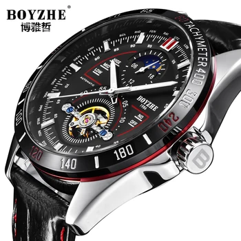 

BOYZHE Luxury Men Sun Moon Watch Leather Waterproof Automatic Watch Military Mechanical Tourbillion Mens Wrist Watches Man Clock