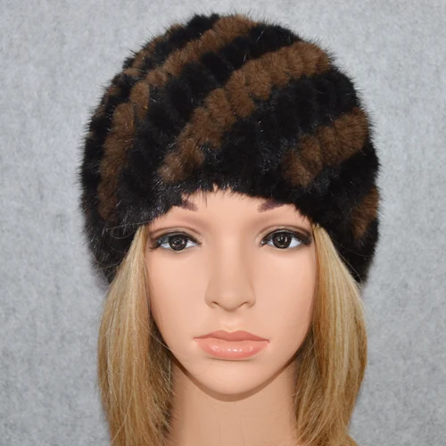 black and brown Хлопковая подкладка зимняя Милая меховая шапка из натуральной норки Женская хорошая эластичная вязаная шапка из натурального меха норки s - Цвет: black and brown