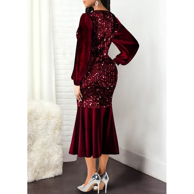 Women's Plus Size Sheath Dress Solid Color V Neck Sequins Long Sleeve Fall Spring Sexy Prom Dress Midi Dress Party Vacation Dress / Party Dress / Ruffle 4