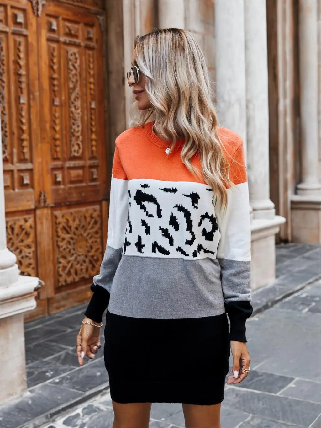 Chifirena Vintage Leopard Patchwork Sweater Dress Women O Neck Long Sleeve Winter Casual Robe Female Elegant Minie Vestidos