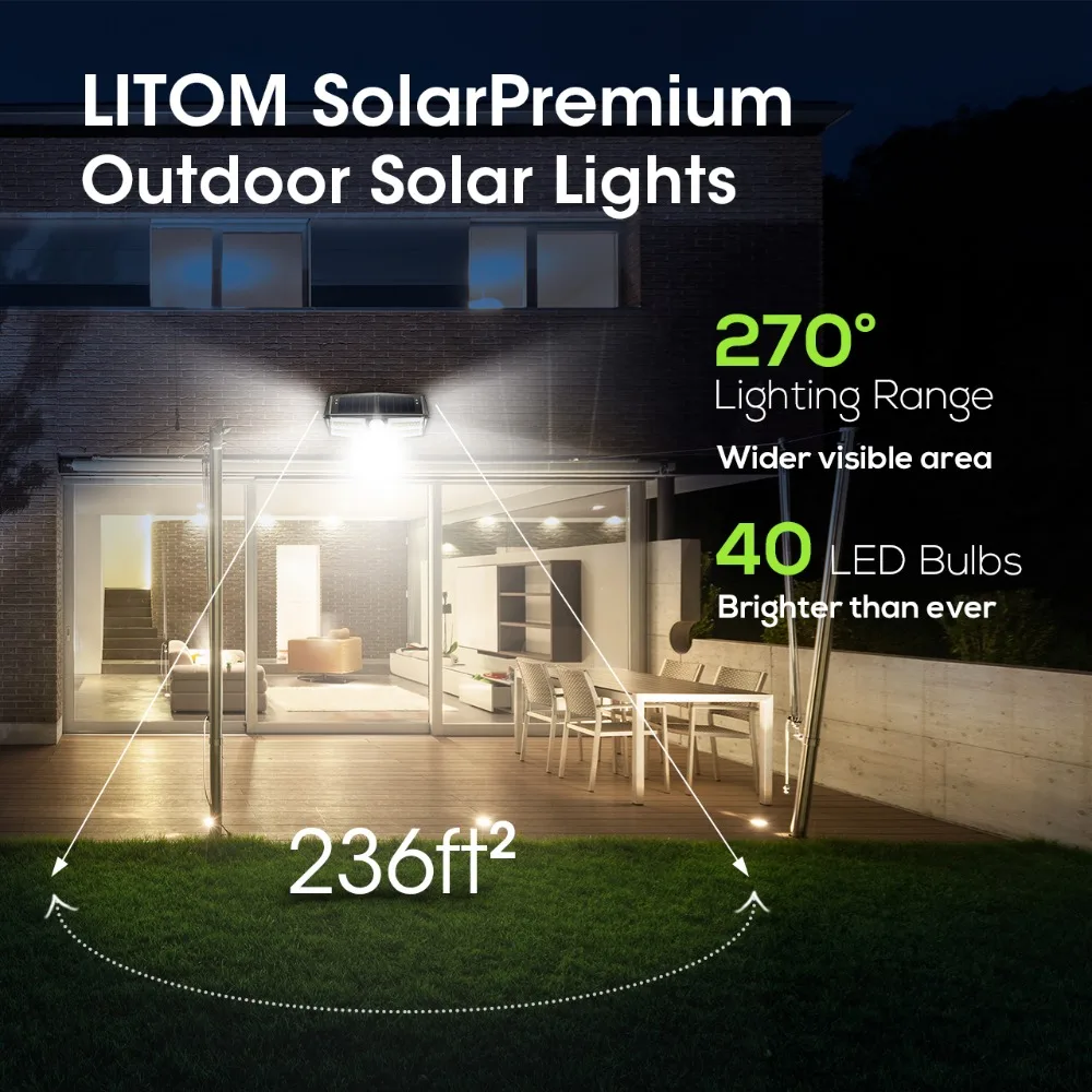 4 шт. в упаковке 40 светодиодный светильник на солнечных батареях LITOM CD182, уличный датчик движения, Высокоэффективная солнечная панель, лампа IP66 Luz, Солнечный светодиодный светильник, внешний вид