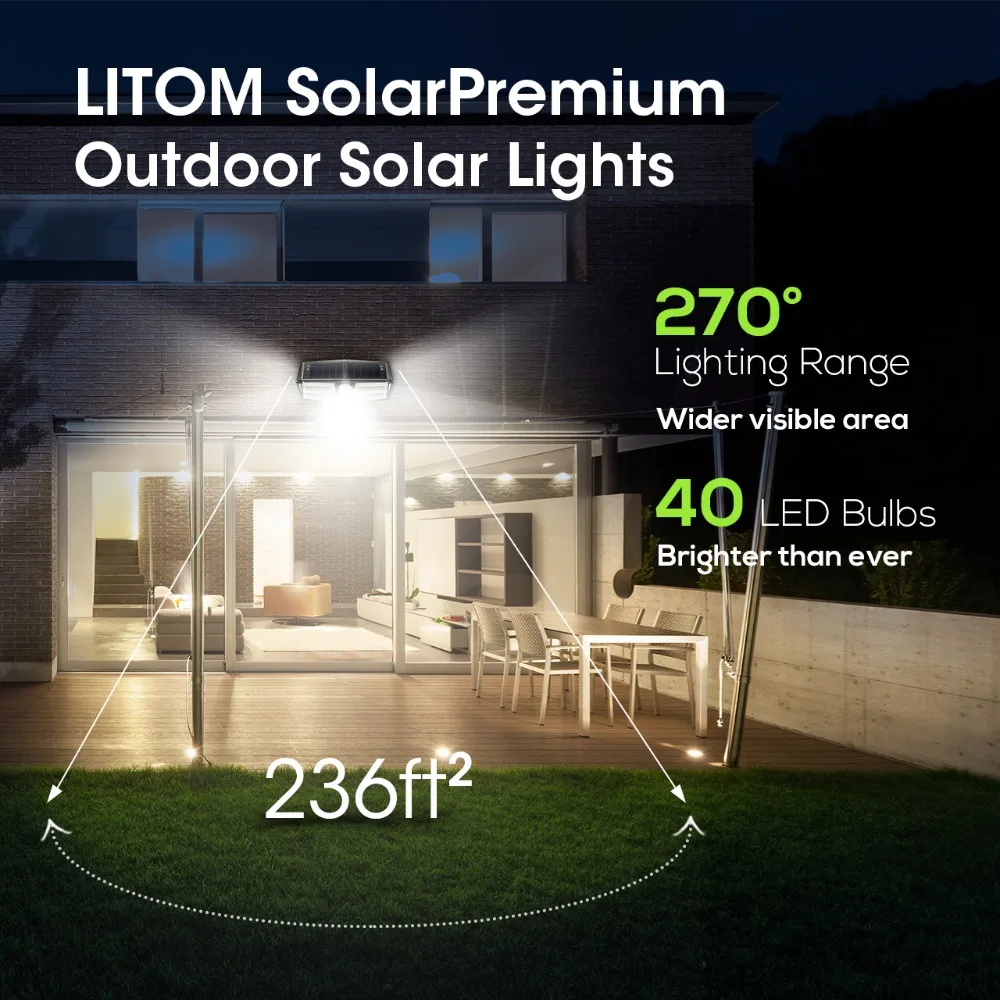 4 Pack 40 LED Solar Lights LITOM CD182 Outdoor Motion Sensor High-efficient Solar Panel Lamp IP66 Luz Solar Led Para Exterior (4)