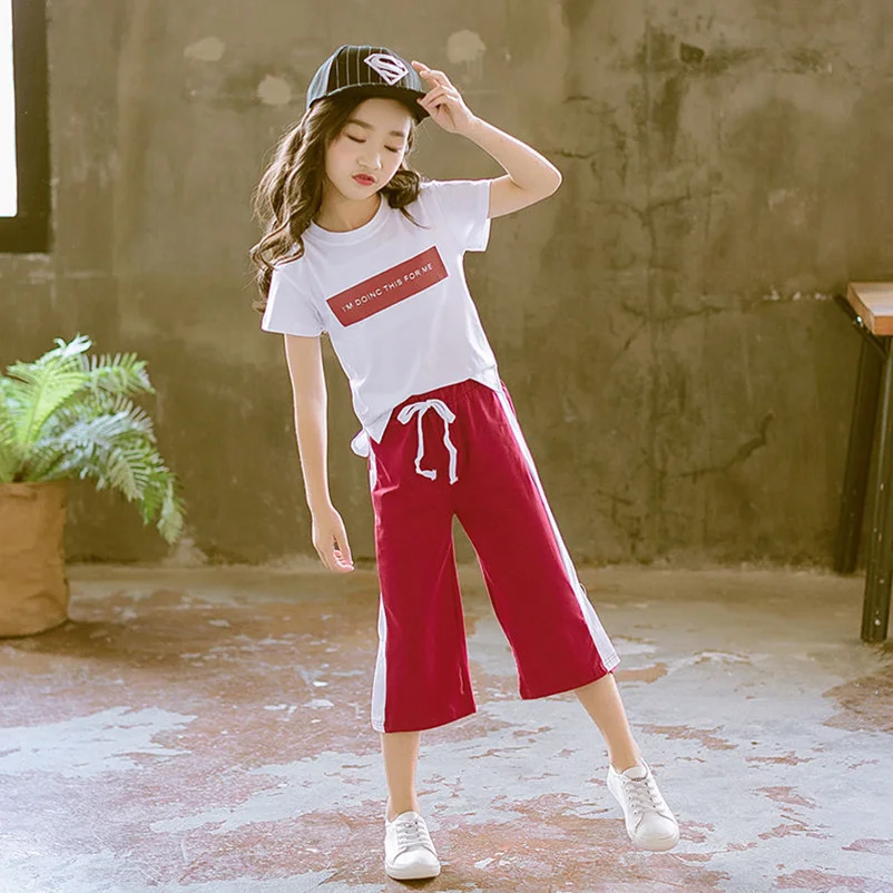 Новые комплекты одежды для девочек, летняя футболка с короткими рукавами+ штаны, детская верхняя одежда из 2 предметов, комплекты детской одежды - Цвет: Красный