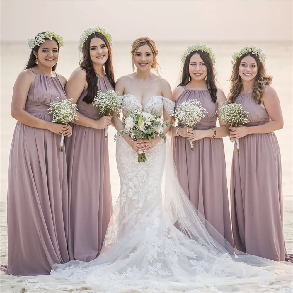 

Dusty Pink Bridesmaid Dresses A-Line Halter Pleat Sleeveless Floor Length Simple Wedding Party Gowns Custom Made New Arrivals