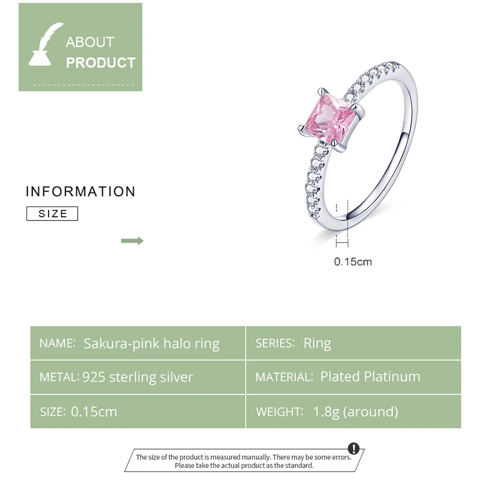 Elegant 925 Sterling Silver Sakura-Pink Halo Ring with Shining Square Zircon