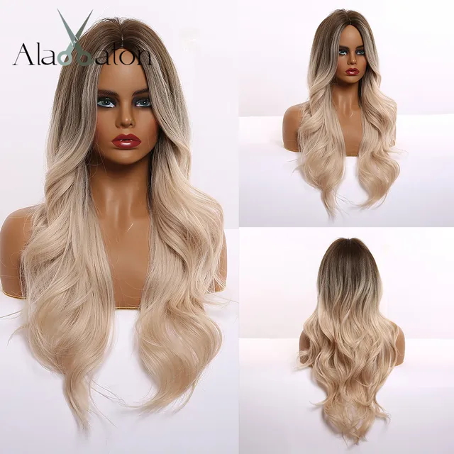 ALAN EATON Long Ombre Light Ash Brown Blonde Wavy Wig Cosplay Party Daily Synthetic Wig for Women High Density Temperature Fibre lc307-1