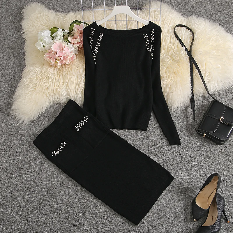 Preise ALPHALMODA 2019 Winter Neue Frauen Stricken Anzug Perlen Entkernt Luxus Marken Design Stricken Pullover + Bleistift Rock 2 stücke Set