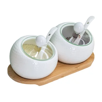 

1KG 3PCS Bamboo Wood Tray Ceramics Glass Spice Jars 2x550ml Salt Pepper Shakers Set Seasoning Sprays Cooking Kitchen Container