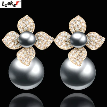 

LEEKER Sweet Yellow Gold Color Crystal Flower Drop Earrings For Women Gray Champagne Imitation Pearl Ball Korean Jewelry 334 LK6