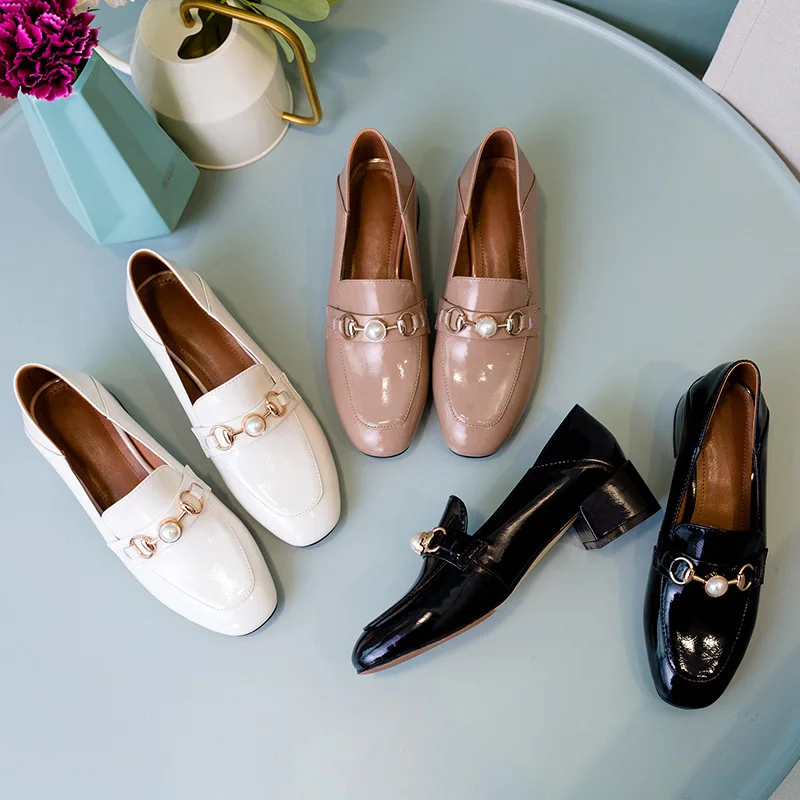 

Inside And Pure Leather Pearl Ornament Loafers 2019 Spring Genuine Leather Semi-high Heeled Single Shoes Stepping Double Purpose