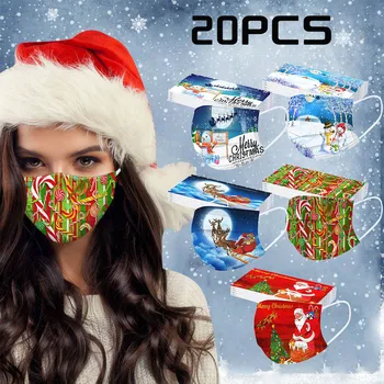 

20pc Face Mask Adult Christmas Cartoon Print Mascarillas Disposable Three-layer Nonwove Protective Masks Earloop Breathable Mask