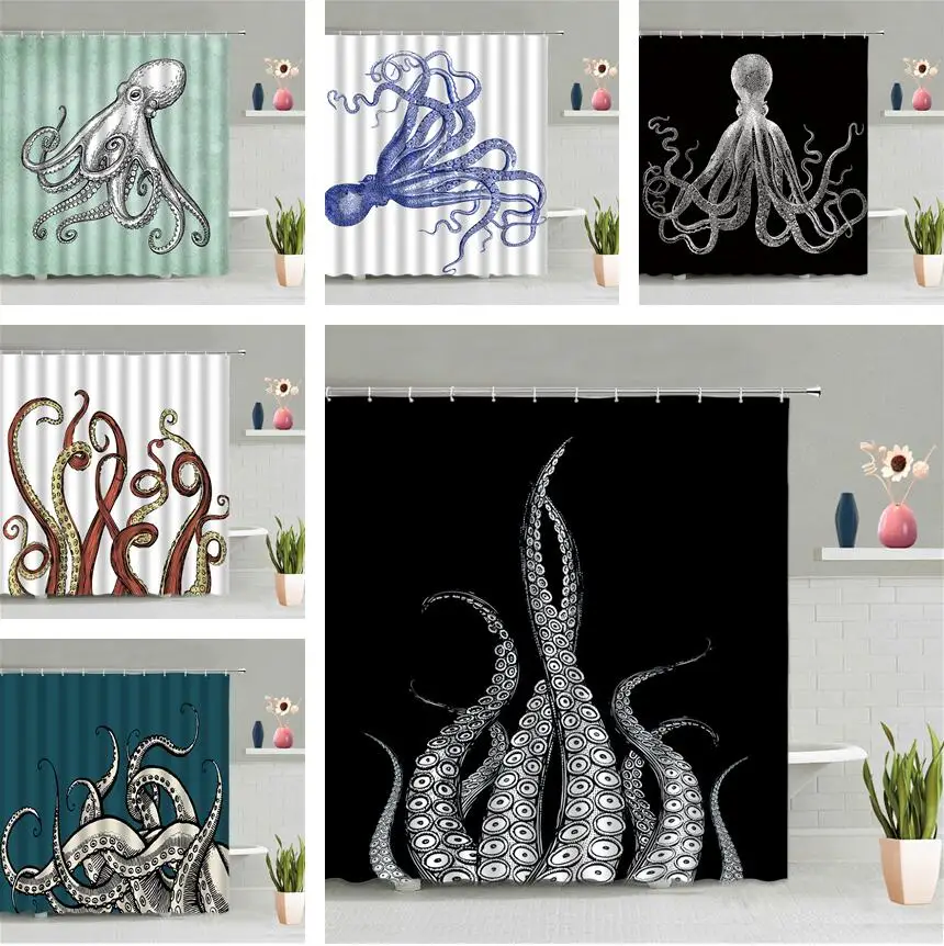 

Навес для душа «Осьминог», Современная Водонепроницаемая занавеска в ванную комнату, с мультяшным принтом океана, диких животных, 3D Декор для дома