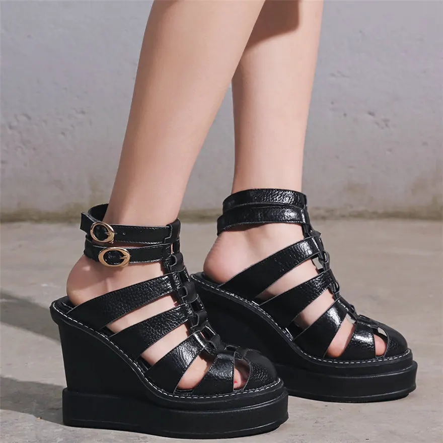 

Women Genuine Leather Platform Wedges High Heel Roman Gladiator Sandals Female Summer Round Toe Cut Out Ankle Boots Casual Shoes