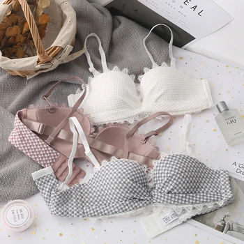 

New Women Push Up Bra Set Sexy Lace Half Cup Plaid Underwear and Brand B Cup Removable Strap Bras Wire Free Comfort Lingerie Set
