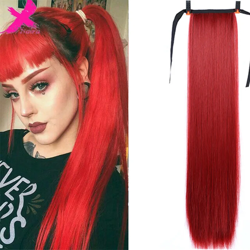 XNaira Synthetic Drawstring Fake Ponytail Wig Red Blonde Black Long Straight Hair Pony Tail Clips In Hair Extensions For Women