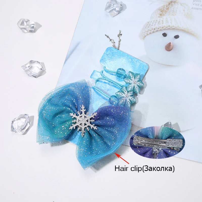 Princess Snowflake Hair Bows Blue Starry Mesh Hair Clips Bows Magic wand Christmas Gift Cosplay Party Dance Kid Hair Accessories