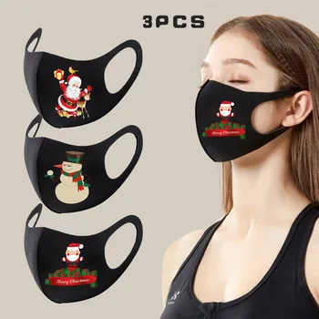 

3pc Adult Christmas Face Mask Washable Mouth Fabric Facial Mask For Protection Reusable Santa Earloop Mouth Caps Masque Adulte