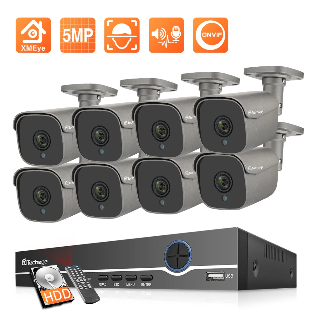 Tecahge Набор IP камеры HD 5MP Система видеонаблюдения H.265 8CH POE NVR Kit Наружная