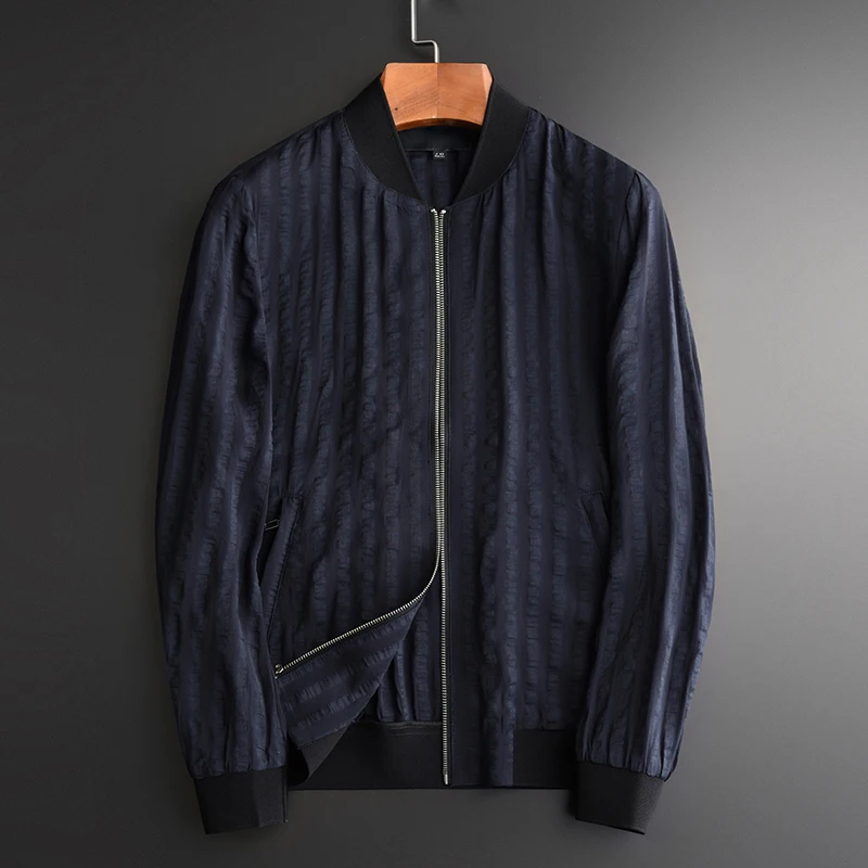 Linen Luxury Yarn Dyed Stripe Stand Collar Mens Jackets And Plus Size 4xl Spring Slim Fit Man