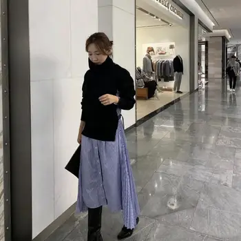 

Qooth Splicing Plus Size Casual Ruched Maxi Dress Turtleneck Knitted Dresses Full Sleeves Top For Women Korean Style qh2209