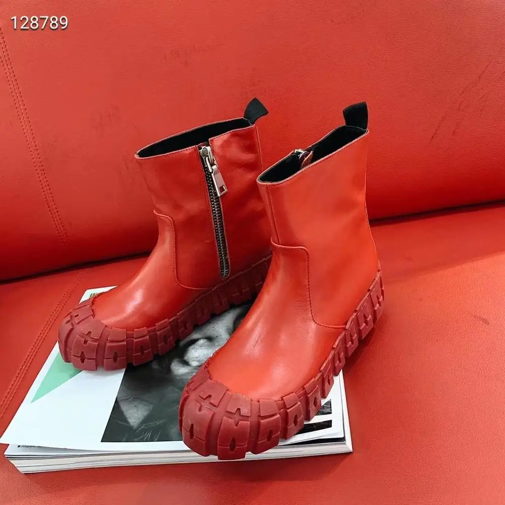 genuine leather hick bottom ankle boots woman round toe slip on motorcycle boots woman Knight boots for woman punk boots - Цвет: red